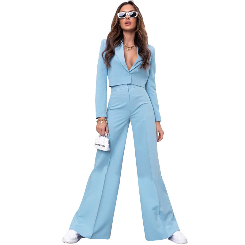 Autumn Winter Solid Color Short Long Sleeve Small Suit High Waist Wide Leg Pants Suit