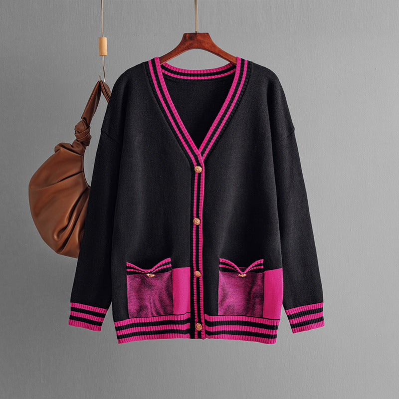 Automne Hiver Contraste Couleur Pull Cardigan Manteau Lâche Col V Mi-Longueur Tricot Haut Femmes Vêtements