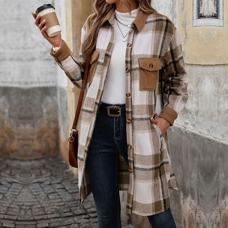 Otoño Invierno mujer cepillado abrigo largo a cuadros para mujer