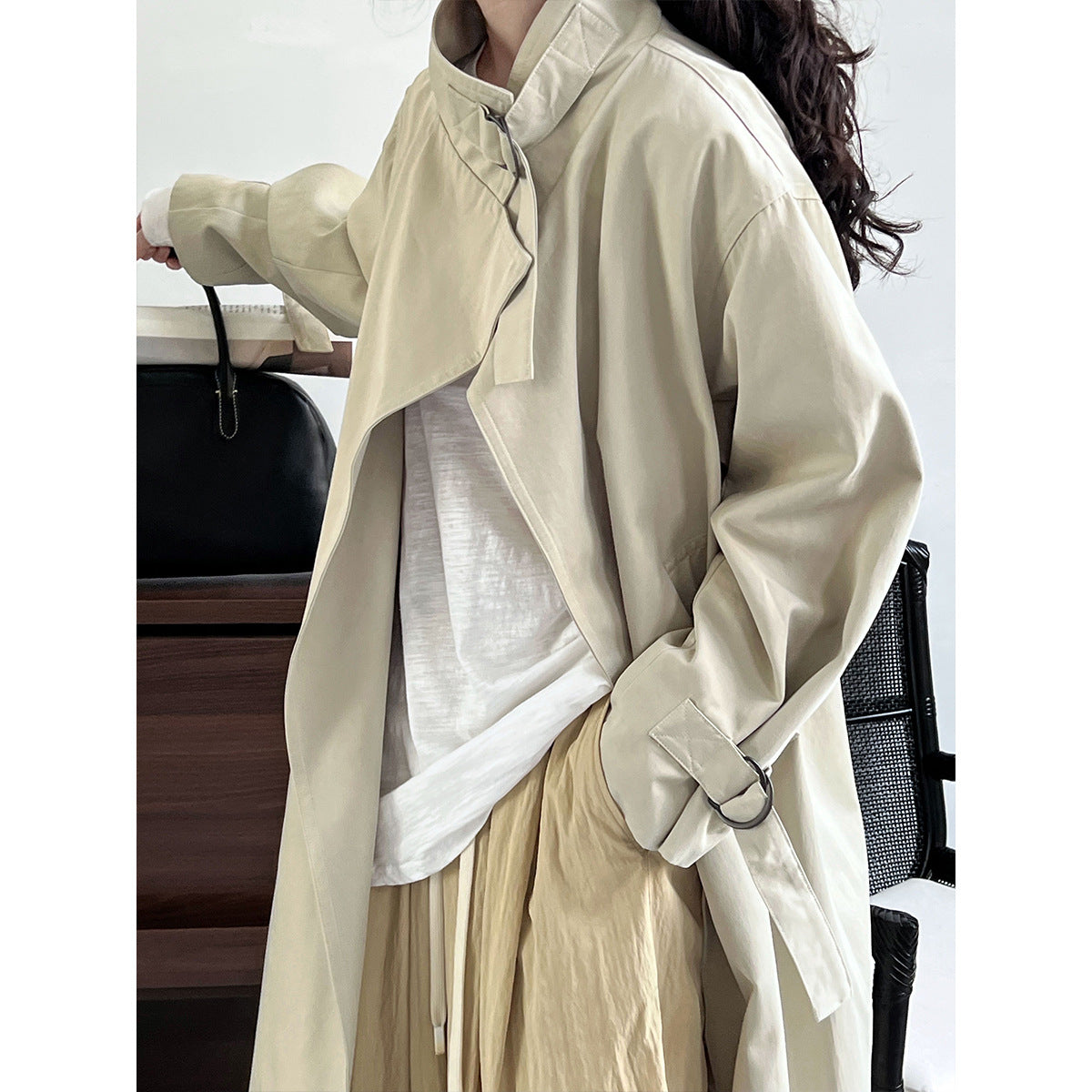 Autumn High Grade British Minimalist Static Luxury Mid Length over the Knee Trench Coat Women