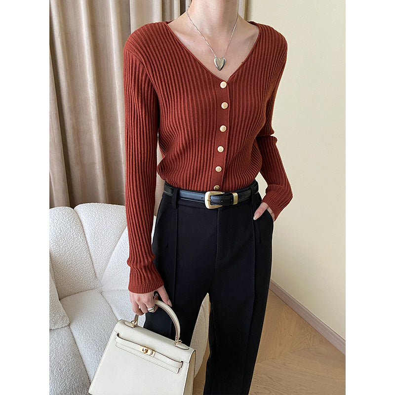 French Fashionable Small Golden Button Gentle V Neck Office Sunken Stripe Knitted Cardigan All Matching