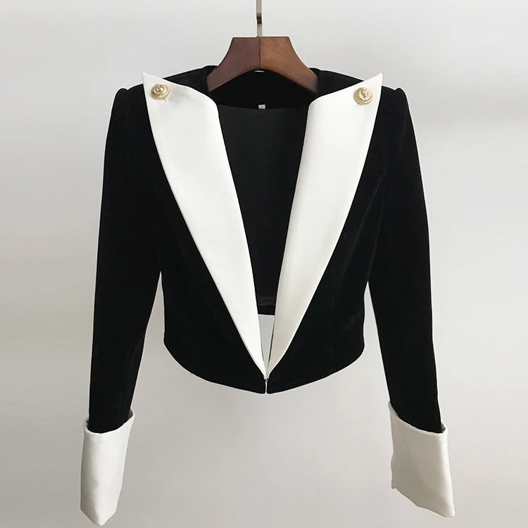 Colorblock Contrast Color Slim Fit Velvet Short Blazer Coat