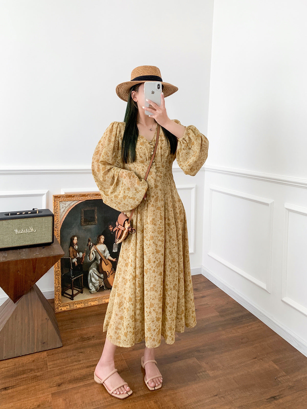 Robe à fleurs jaune, jupe imprimée à manches longues et col en V pour femmes