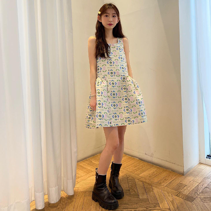 Suspender Non-mainstream Sleeveless Vest Floral Skirt