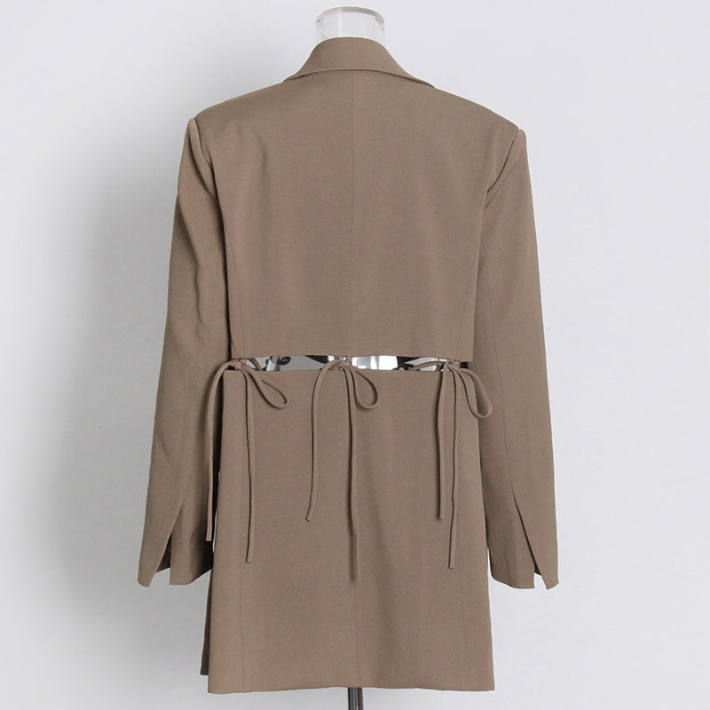 Australian Brand Design Coat Autumn Hollow-out Buckle Free Lace up Collared Long Sleeve Solid Color Loose Blazer Women