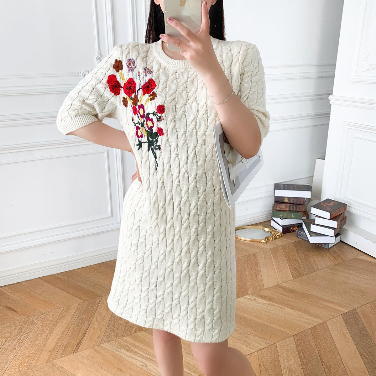 Cotton Knitted Dress Flower Embroidery Twisted Round Neck