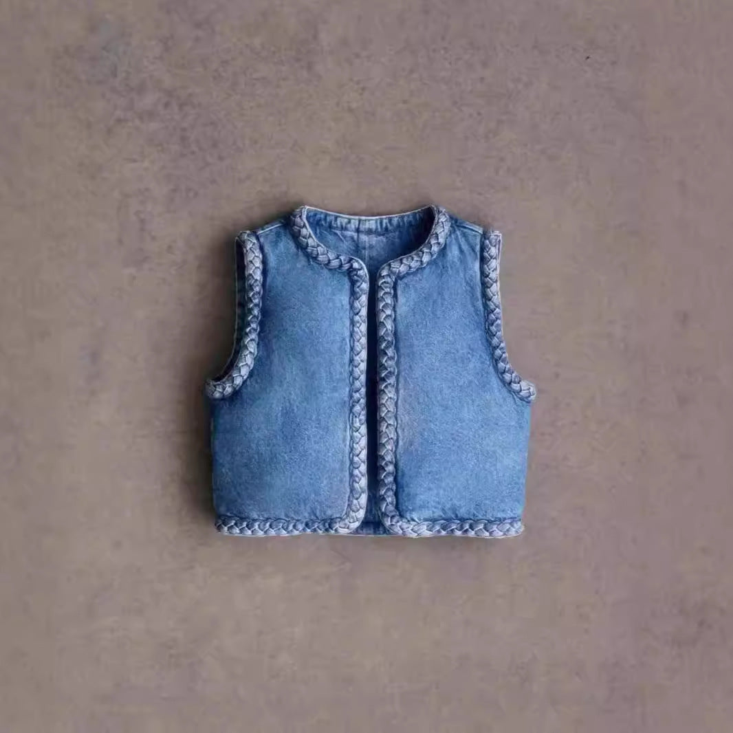 Gilet matelassé en denim à bordure tressée et torsadée pour l'automne et l'hiver