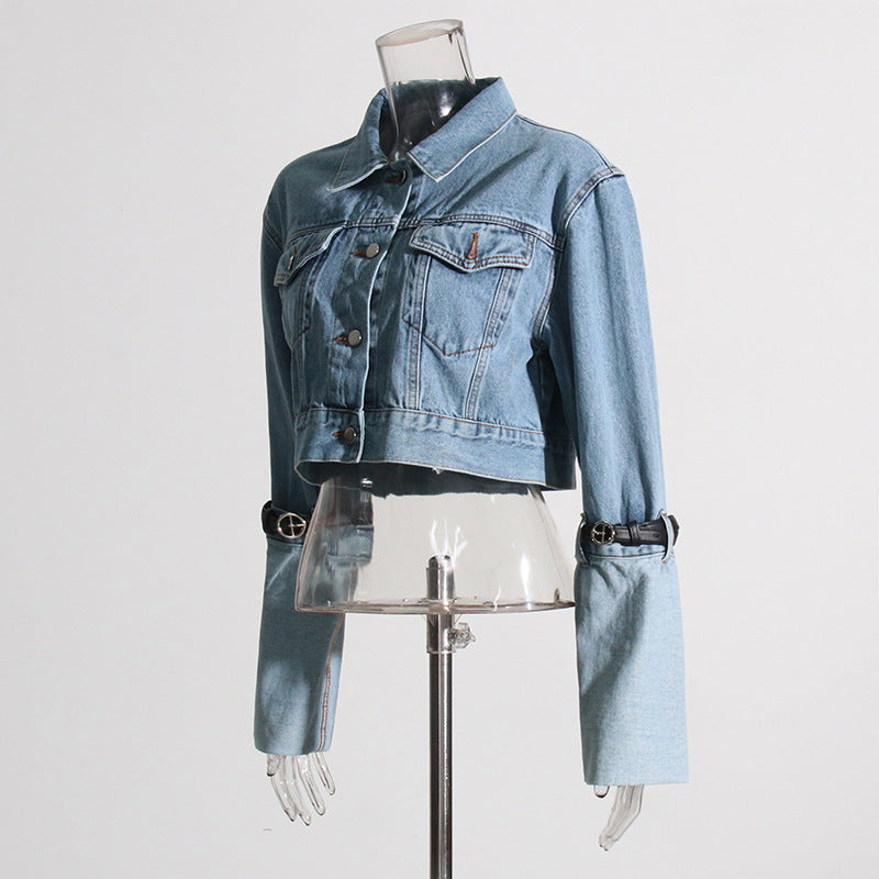 Contrast Color Belt Design Short Denim Jacket Collared Korean Patchwork Top Women