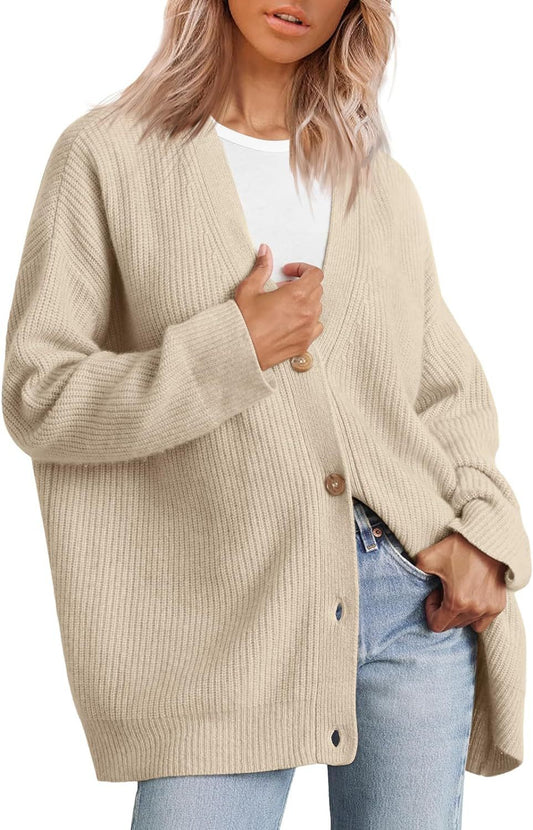 V Neck Front Button Solid Color Sweater Cardigan Women Clothing Loose Large Board Knitted Coat