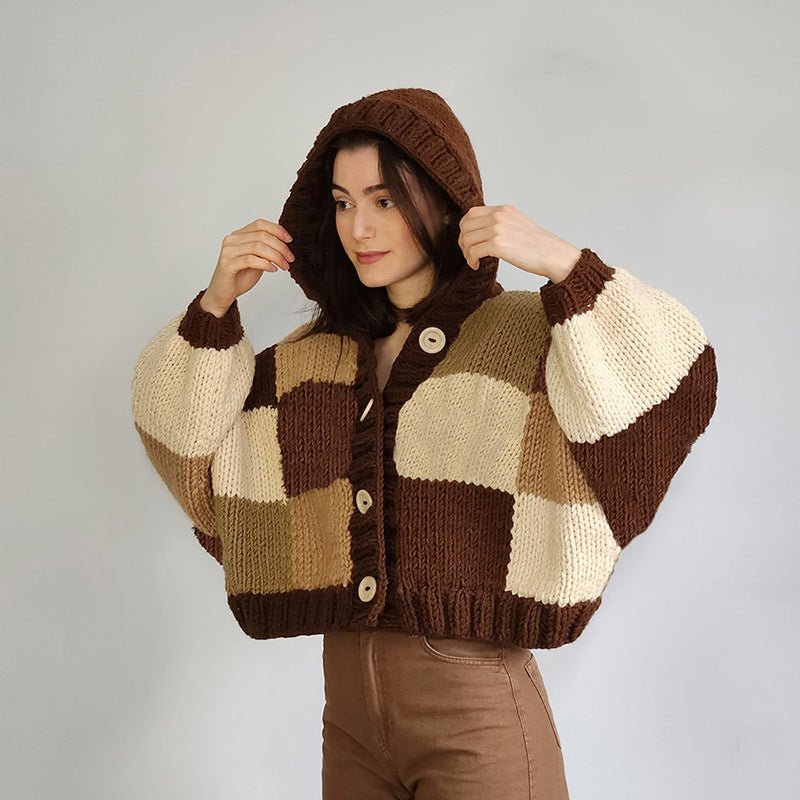 Ropa de mujer Otoño Invierno Cárdigan con cuello redondo y capucha Abrigo corto de punto a cuadros con botones