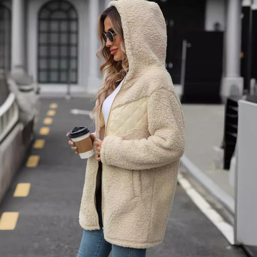 Llegada Ropa de mujer Otoño Invierno Cárdigan con capucha de longitud media Abrigo de felpa holgado con cremallera para mujer