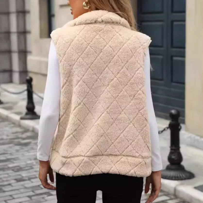 Ropa de mujer Otoño Invierno Cárdigan con cremallera Abrigo holgado con entramado de diamantes Chaleco de felpa