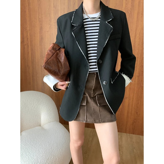 Designer Contrast Color Burr Stitching Casual Blazer Early Autumn