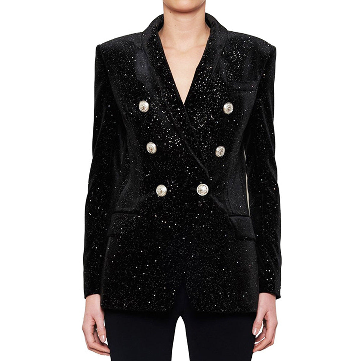 Spring Autumn Women Starry Sequ Silver Buckle Tight Waist Velvet Small Blazer