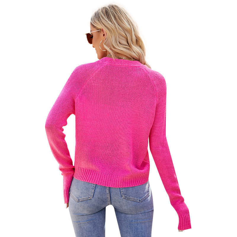 Spring Summer Women Clothing Casual Raglan Sleeve Knitted Thin Coat Fluorescent Powder V Neck Knitted Cardigan