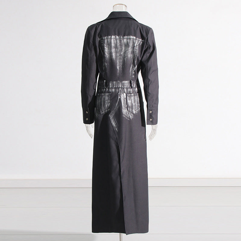 Autumn Personalized Minority Printed Graffiti Design Straight Long Trench Coat Women Clothing