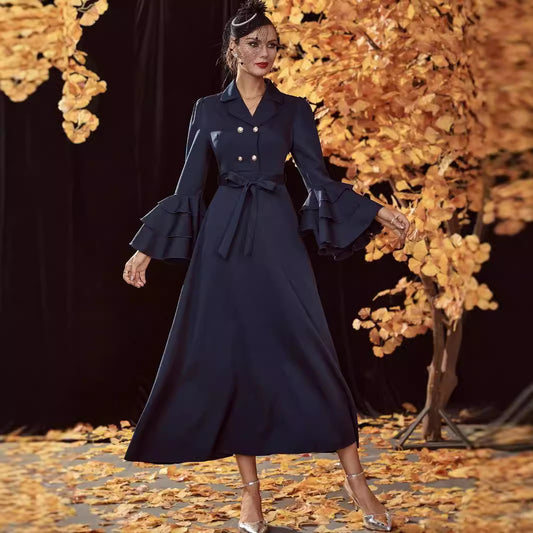 Women Autumn Winter Double Breasted High Waist Trench Coat Dress