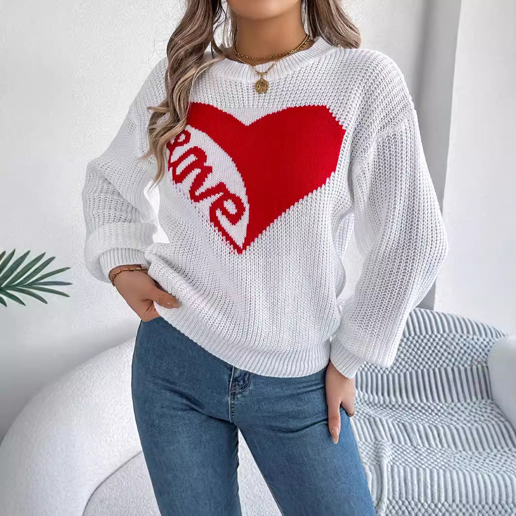 Autumn Winter Casual Valentine Day Contrast Color Love Long Sleeve Pullover Women Clothing