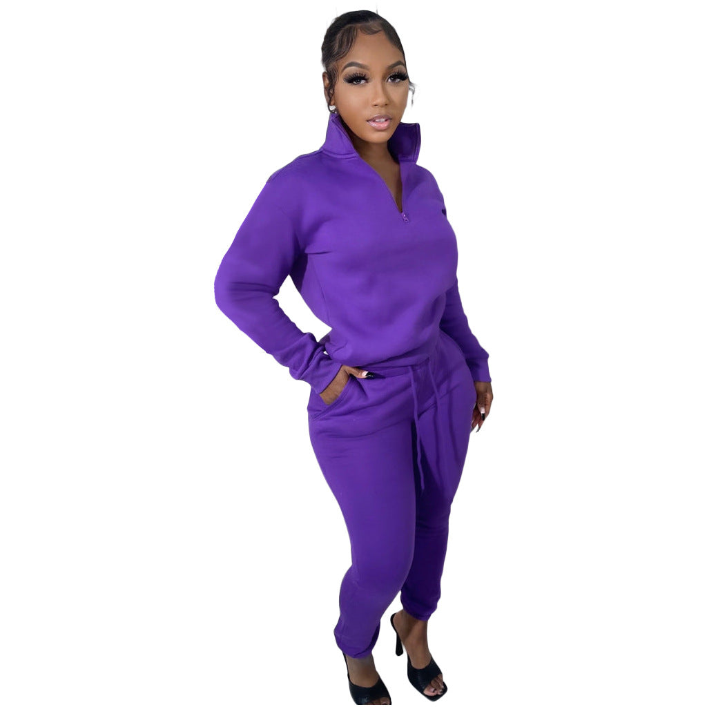 Urban Autumn Winter Fleece Lined Pullover Zipper Casual Exercise Suit