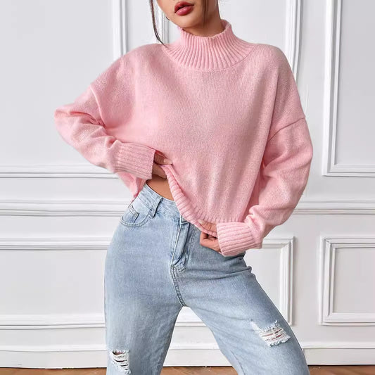 Haut court pour femme, vêtements pour femme, automne hiver, pull à col roulé, couleur unie, ample, décontracté