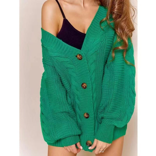 V Neck Lantern Sleeve Knitted Cardigan Women Autumn Winter Loose Sexy Sweater Coat