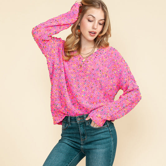 Color Polka Dot Loose Fitting Sweater Women Spring Concise All Match Printed V Neck Long Sleeve Top Women