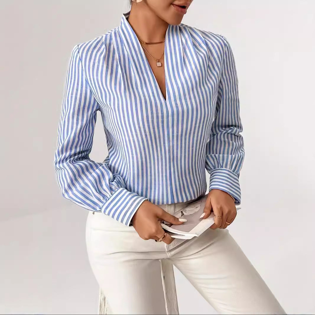 Camisa de manga larga con cuello en V y rayas para mujer para otoño e invierno