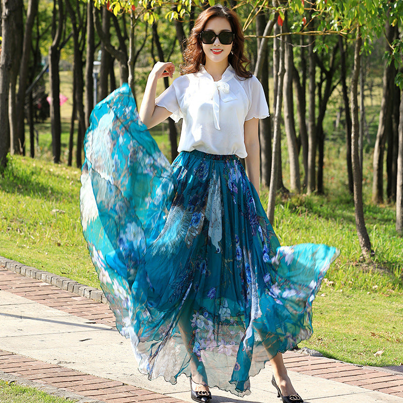 Chiffon Skirt Printed Floral High Waist Slimming