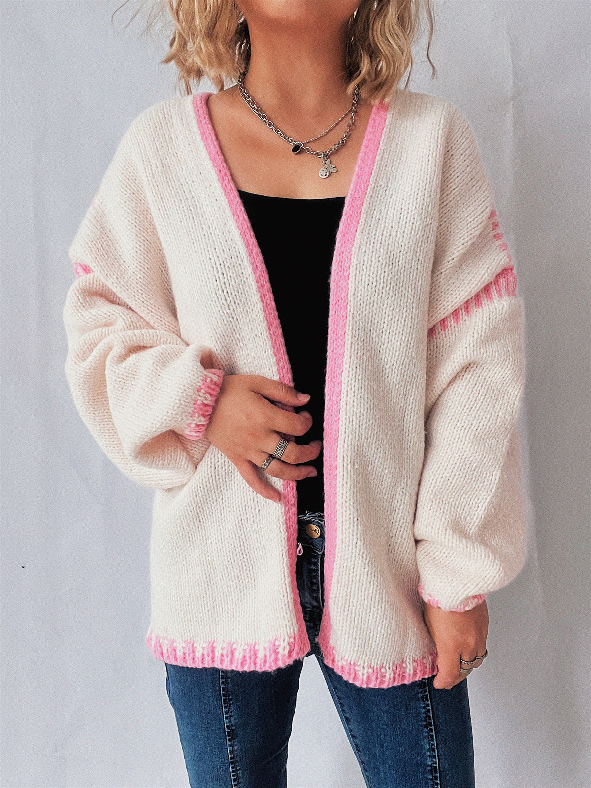 Sweater Women Outer Wear V neck Knitted Cardigan Loose Preppy Chic Contrast Color Early Autumn Coat