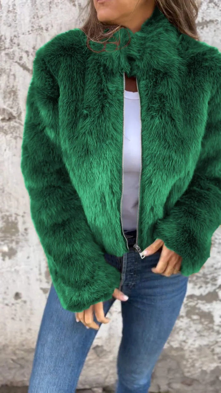 Women Clothing Women Autumn Winter Faux Fur Turtleneck Zipper Casual Top Coat