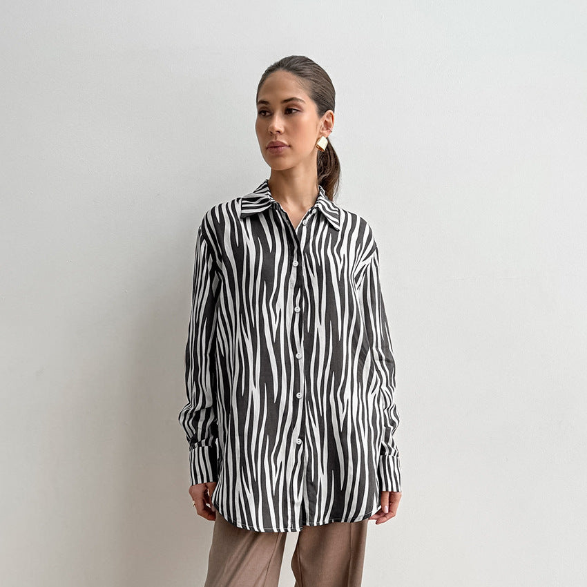 Autumn Printed All Matching Zebra Print Loose Collared Long Sleeves Shirt Russian Classic Retro Shacket Women