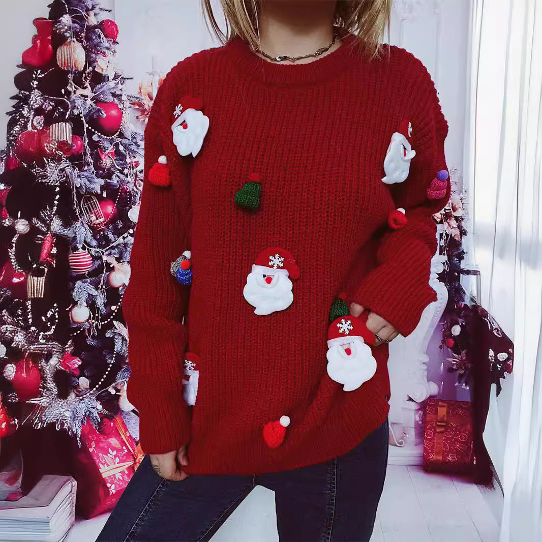 Year Sweater Cute Santa Claus Three Dimensional Decoration round Neck Long Sleeve Knitted Pullover