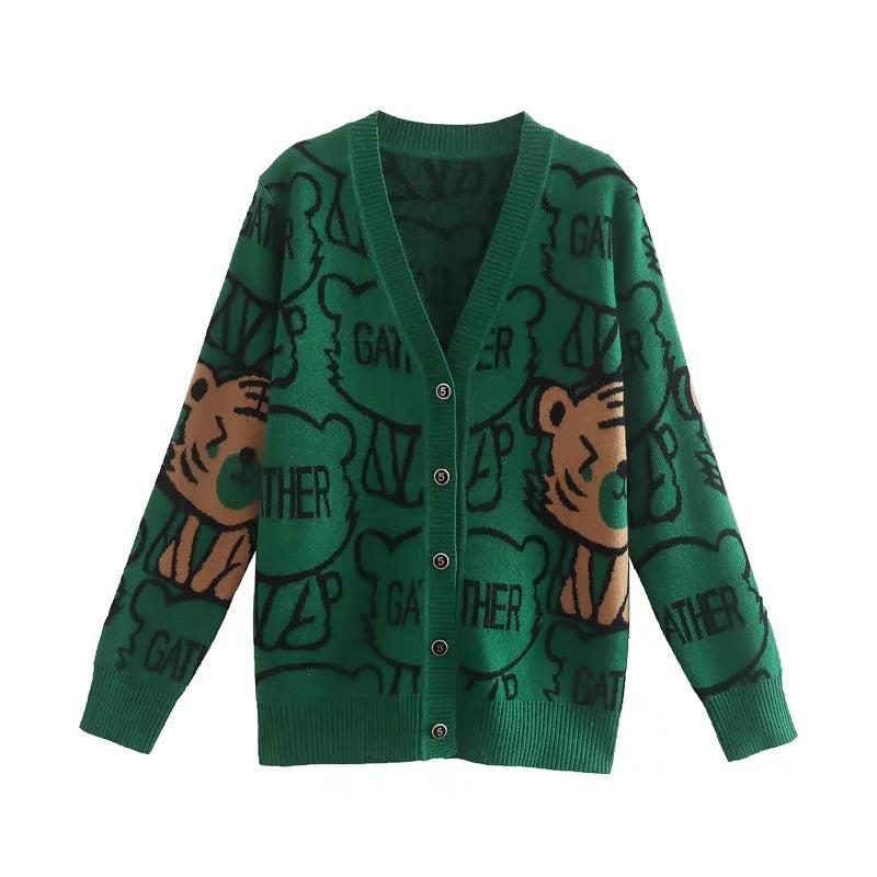 Printemps dessin animé tigre Jacquard tricoté Cardigan fil de base col en V Double boutonnage pull