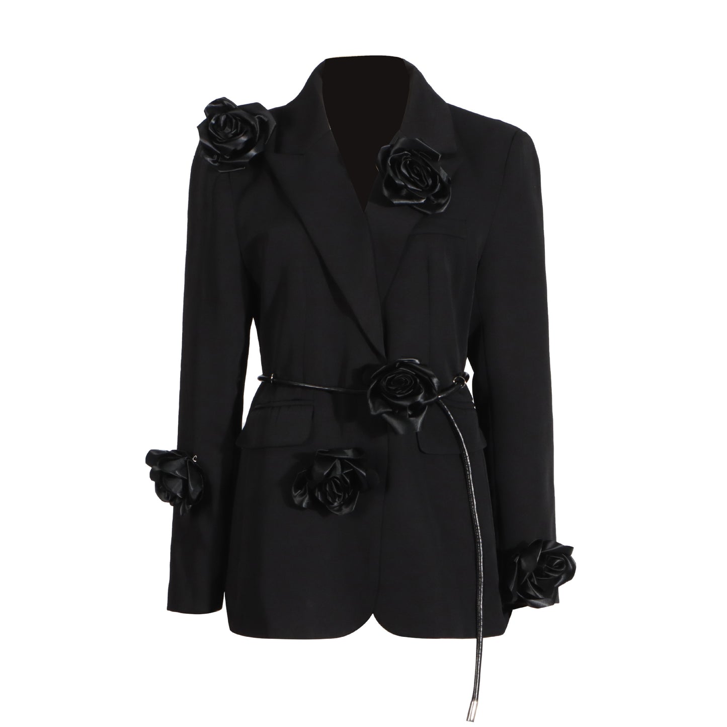 Summer Elegant Black Three Dimensional Floral Drawstring Patchwork Long Sleeve Blazer Women