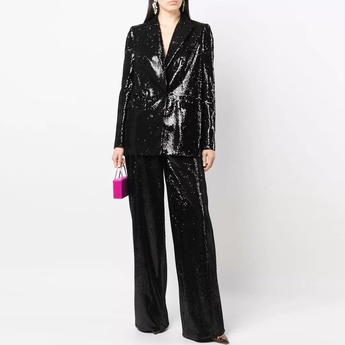 Spring Autumn Sequined Cool Shining Bling Bling Blazer Trousers Suit Two Piece Suit