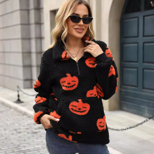 Suéter de felpa con media cremallera y estampado de calabaza de Halloween para mujer Otoño Invierno