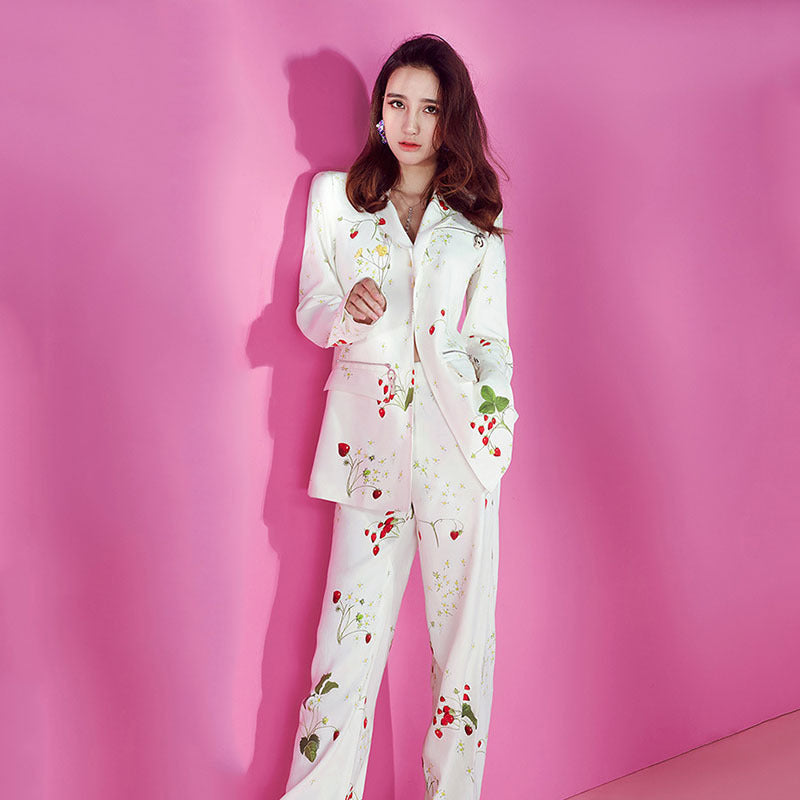 Star Elegant Strawberry Print Slim Fit Blazer Trousers Suit Two Piece Set