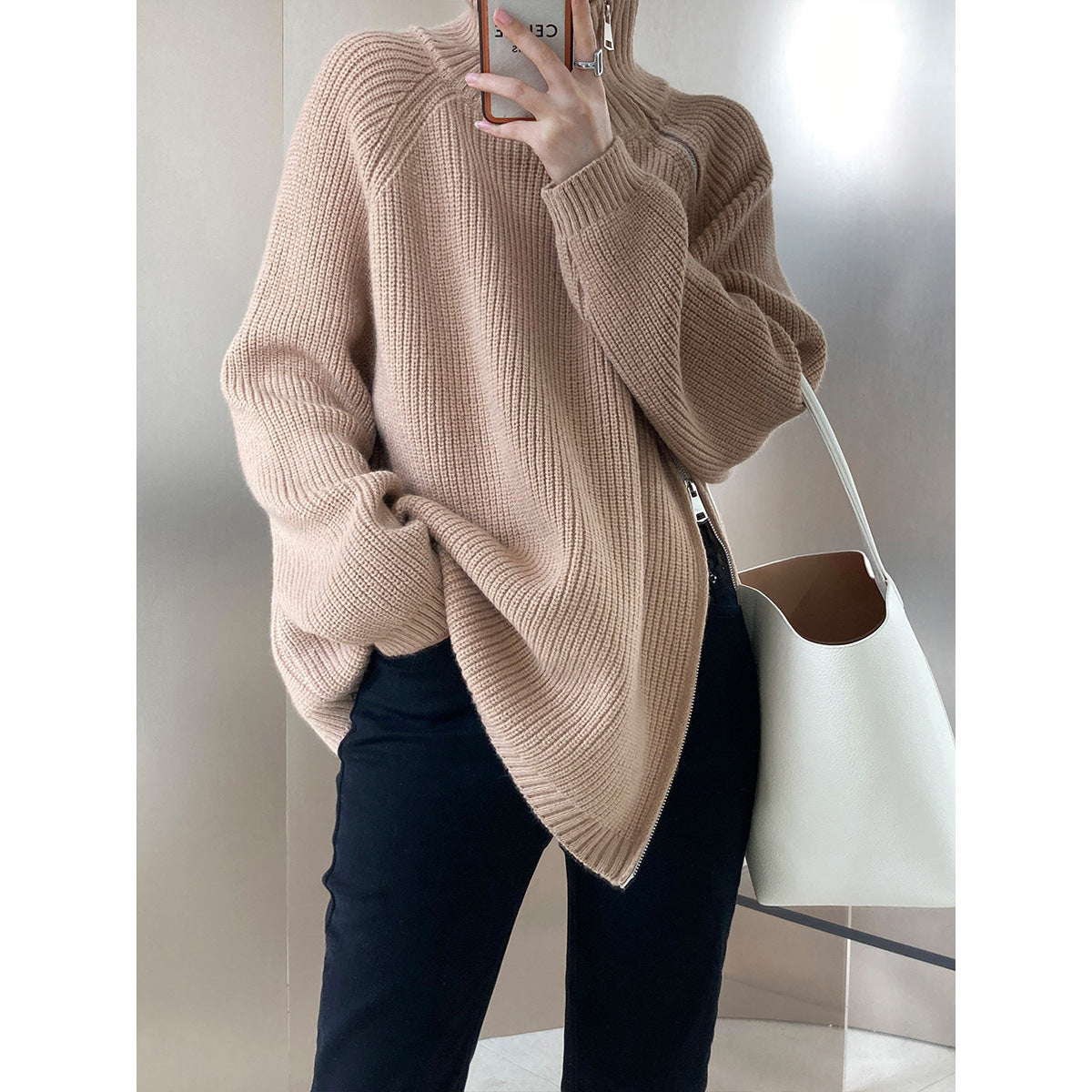 Pull à col roulé avec fermeture éclair Oblique à Double tête pour femme, vêtement décontracté, paresseux, automne et hiver