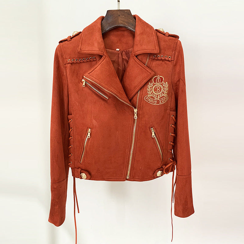 Goods Autumn Winter Rhinestone Logo Heavy Industry Tied Rope Waist Suede Motorcycle Jacket