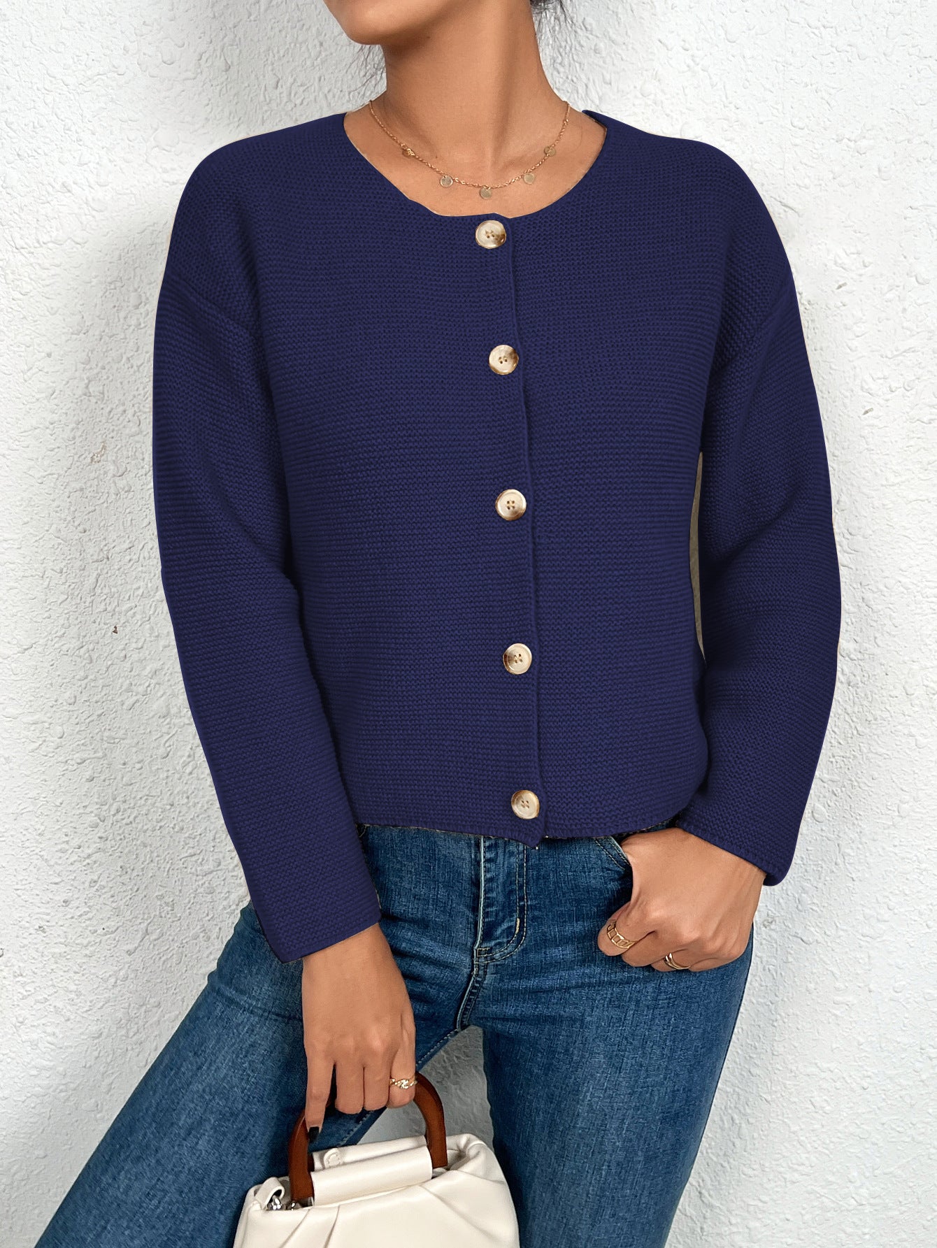 Cardigan de couleur unie pour femme, manteau amincissant à simple boutonnage et col rond, printemps-automne