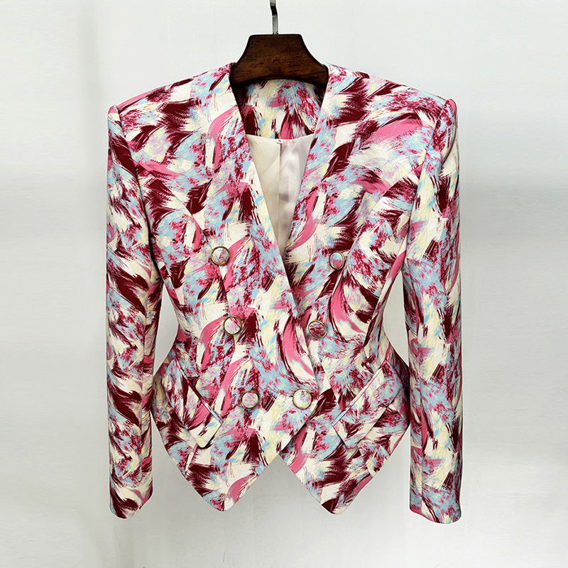 Star Slim Profile Wide Shoulder Feather Printed Collarless Blazer Jacket