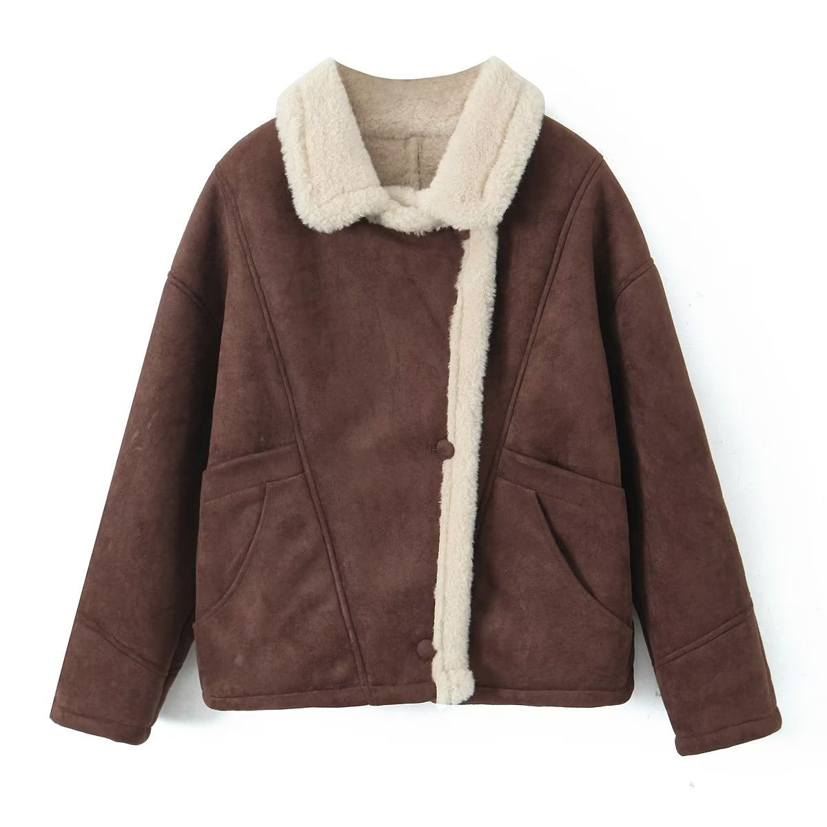 Women Clothing Autumn Winter Retro Lamb Wool Collared Loose Casual Warm Jacket