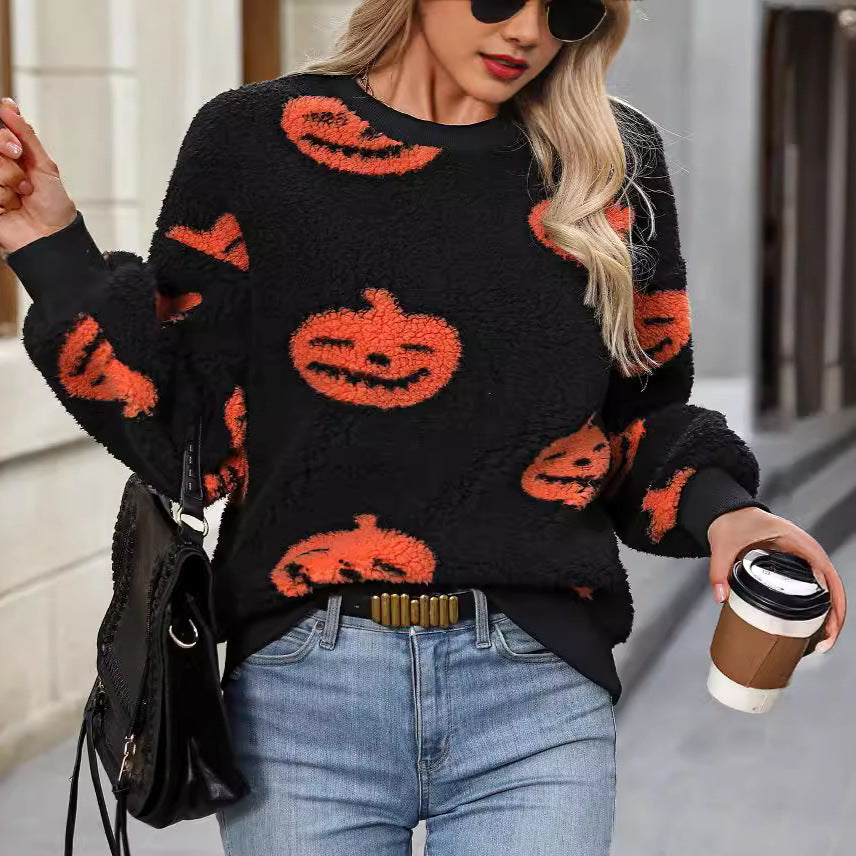 Pull ample en peluche imprimé Halloween pour femme, automne hiver