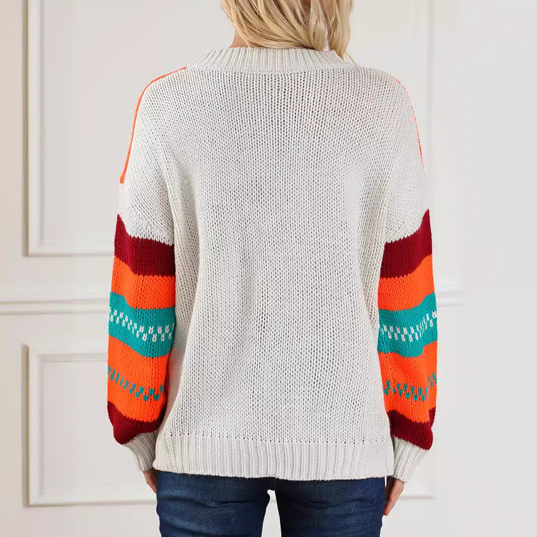 All Matching Retro Pullover Sweater Casual Autumn Winter Contrast Color Striped Round Neck Knitted Top