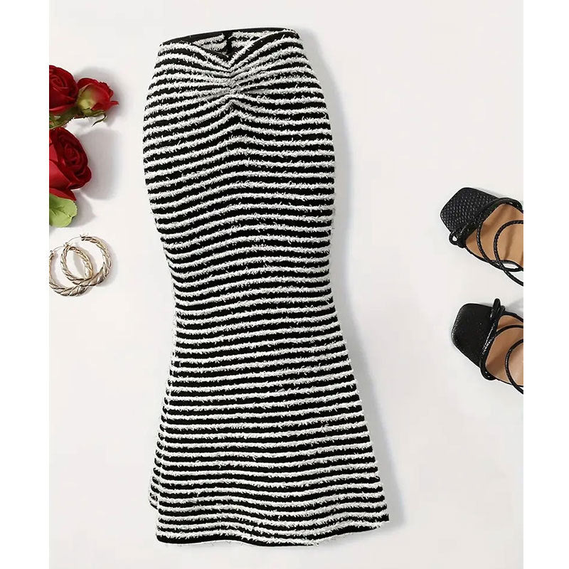 Women Clothing Knitted Stretch Striped Skirt Mid Length Slim Fit Hip Skirt