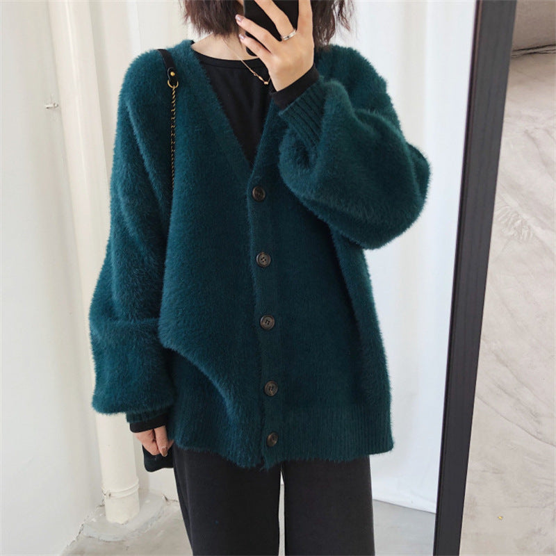 Artificial Mink Fur Sweater Autumn Idle Regular Sleeve Loose Casual Knitted Cardigan Coat for Women Thick