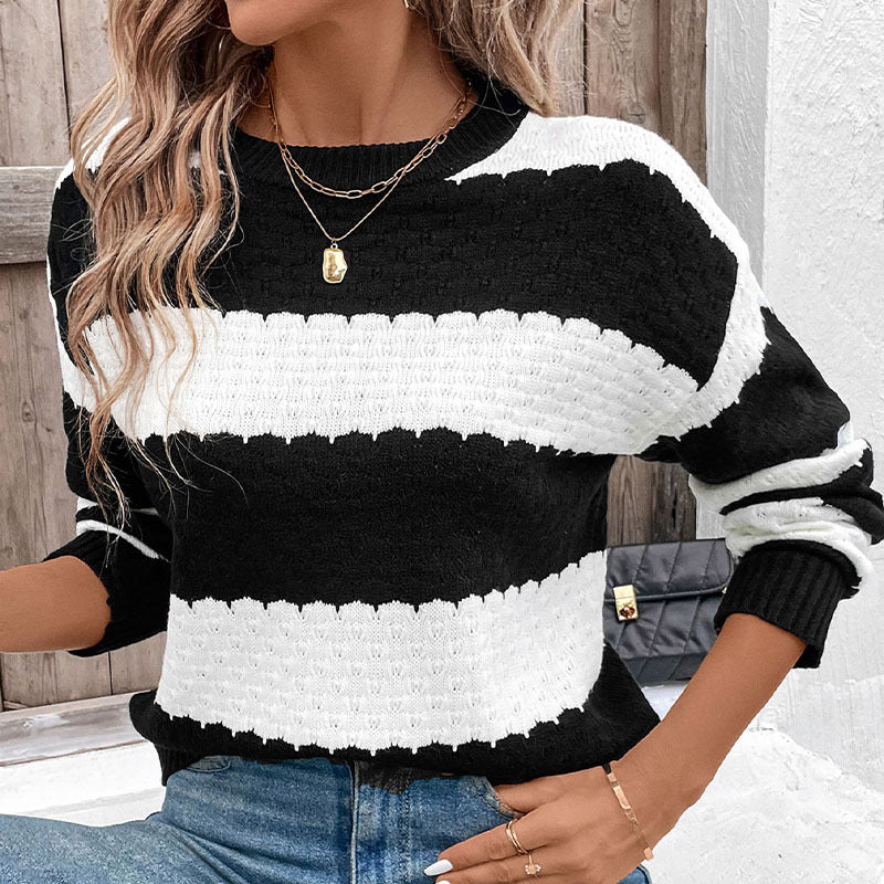 Autumn Fashionable Knitted Sweater Round Neck Long Sleeve Black White Color Matching Sweater