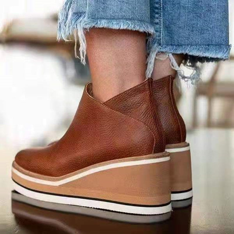 Wedge Thin Short Boots for Women Autumn Winter Side Zipper Mid Heel Leather Surface Ankle Boots