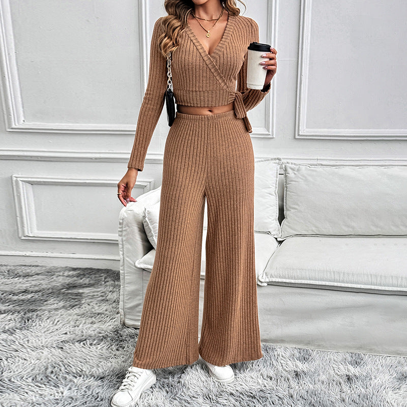 Women Clothing Autumn Winter Long Sleeve Lace up Set Solid Color Texture Basic All Matching Ladies Two Piece Set