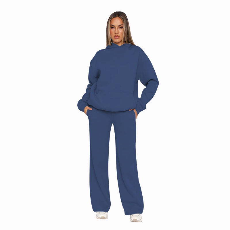 Autumn Winter Solid Color Long Sleeved Hooded Sweaters Women Clothing Casual Wide Leg Pants Sets